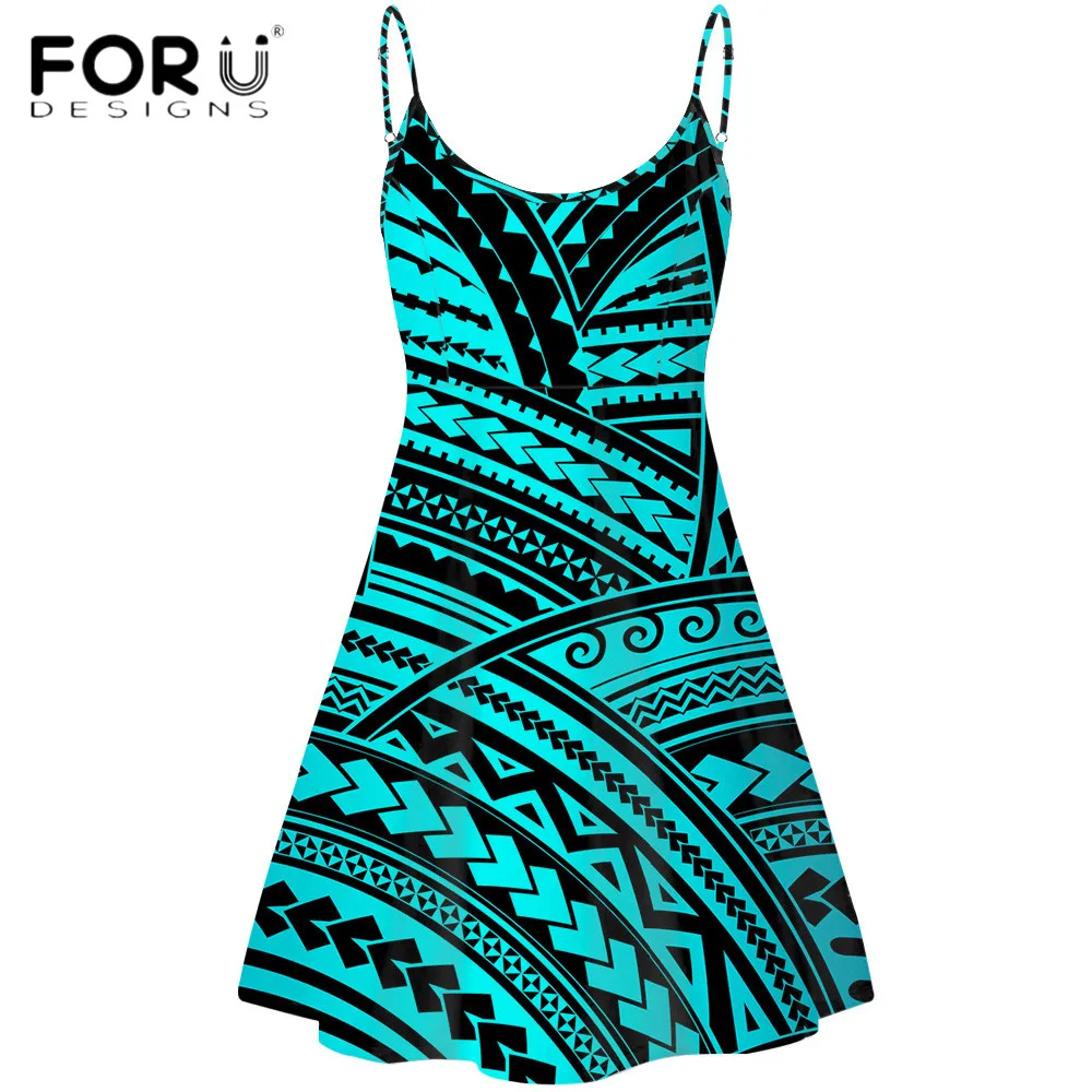 

FORUDESIGNS Harajuku Women Mini Beach Dress Polynesian Tribe Pattern 3D Print Lady Party Spaghetti Strap Swing Soft Vestidos
