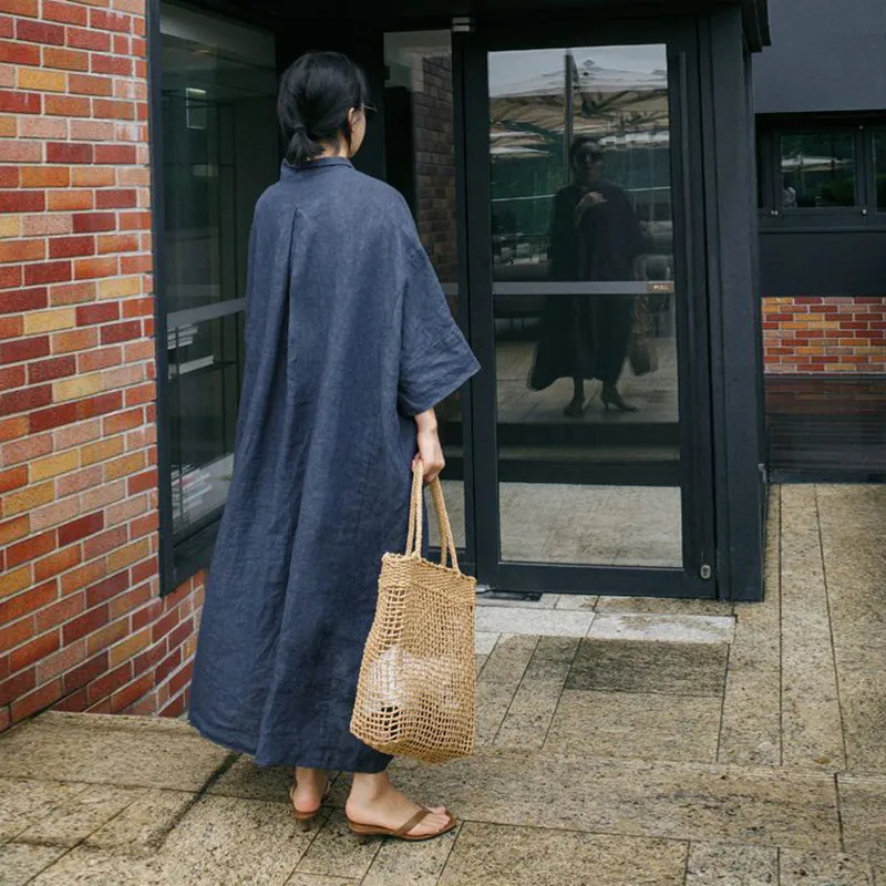

QPFJQD 2020 Spring Autumn New Linen Loose Size Women Dresses Casual Korean Style Solid Color Ladies Cotton Long Dress V-neck