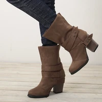 ladies suede buckle snow boots fashion casual buckle high heels buckle thick heel short boots mid cut martin boots women%e2%80%99s boots