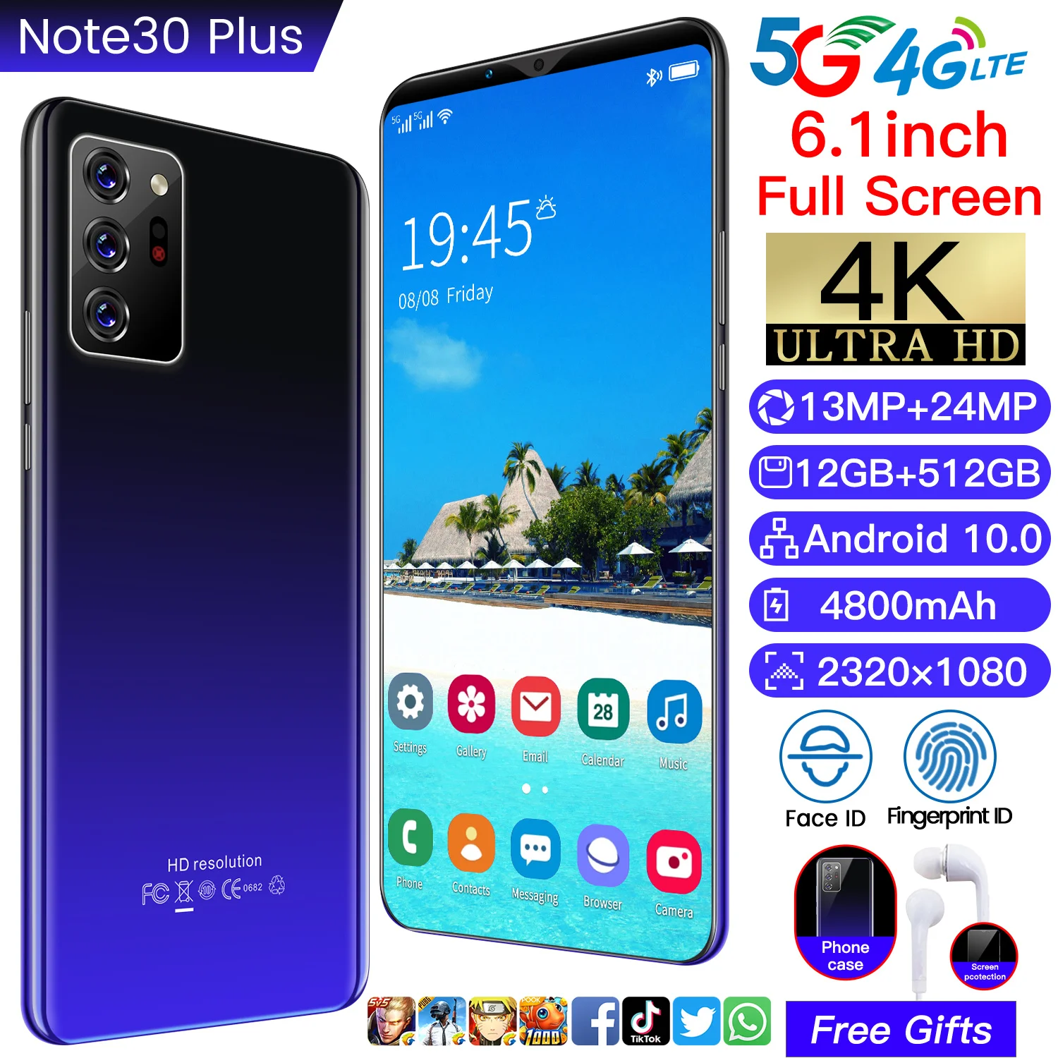 

Smartphone Note30 Plus Android 10 mobile phone 12+512G 6.1 inch full screen fingerprint face unlock mobile phone Feature