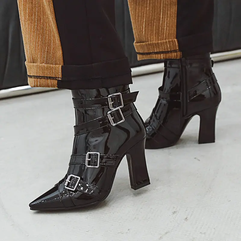 Women Boots Fashion Buckle Sqaure High Heel Ankle Pointed Toe Autumn Winter Zipper 2019 New Style Ladies Shoes | Обувь