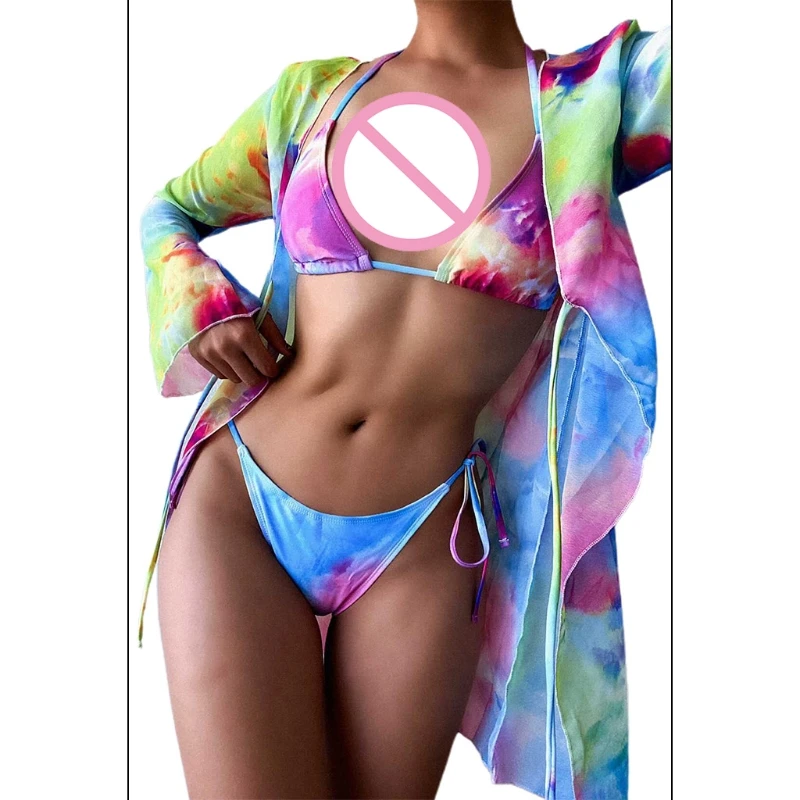 

E5BD Sexy Colorful Tie-Dye 3pcs Swimsuit Set Women Triangle Bikini with Flare Long Sleeve Cover Up Cardigan Bathing Suit