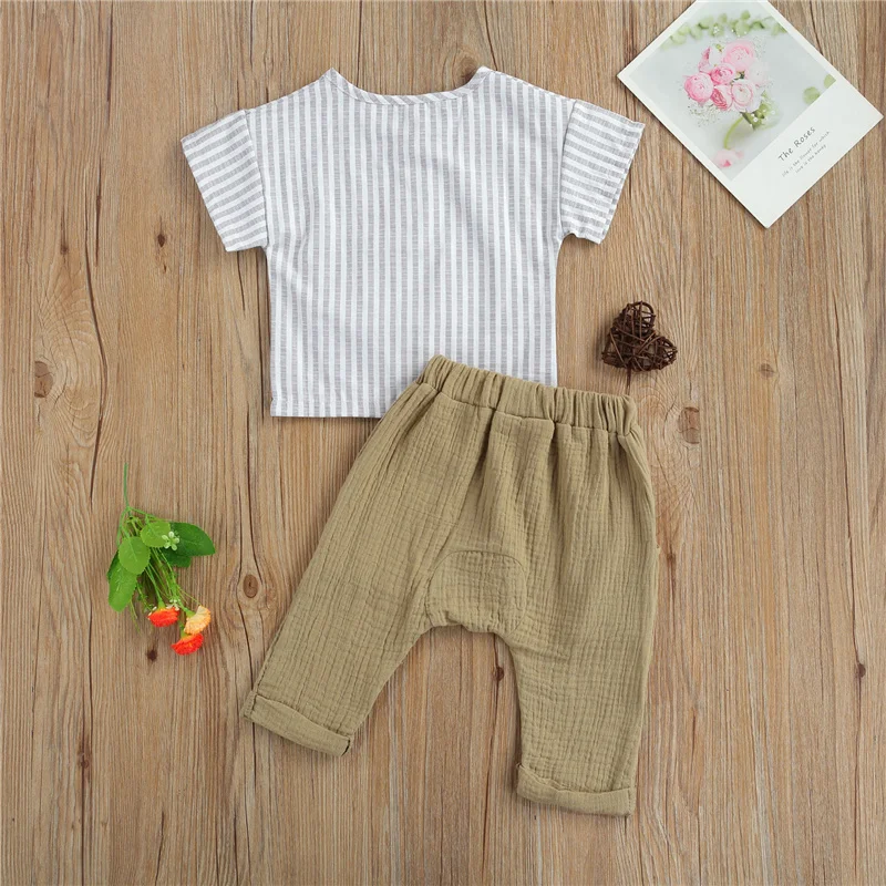 

Baby Boys Summer Tracksuit 2Pcs ,Toddler Stripes O-Neck Short Sleeves Tops + Solid Color Casual Pants Suit , 0-3 Years