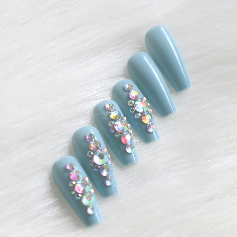 24 шт. новейшие Яркие длинные накладные ногти ручной работы с кристаллами