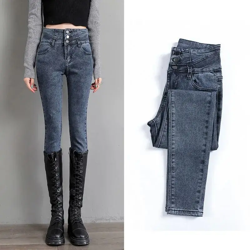 Классические женские узкие джинсы с эластичной талией осенне-зимние облегающие