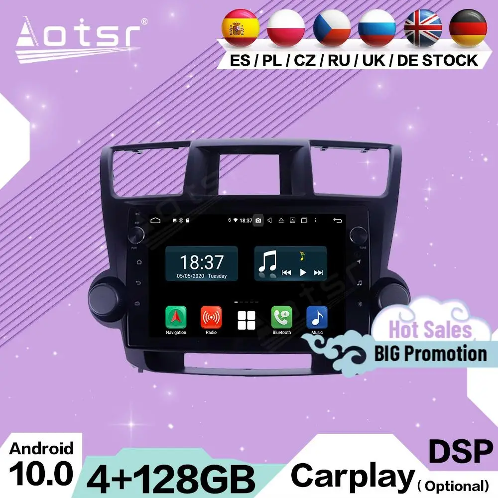 

128G Carplay мультимедийный стерео Android 10 для Toyota Highlander 2009 2010 2011 2012 GPS-навигатор радио приемник головное устройство
