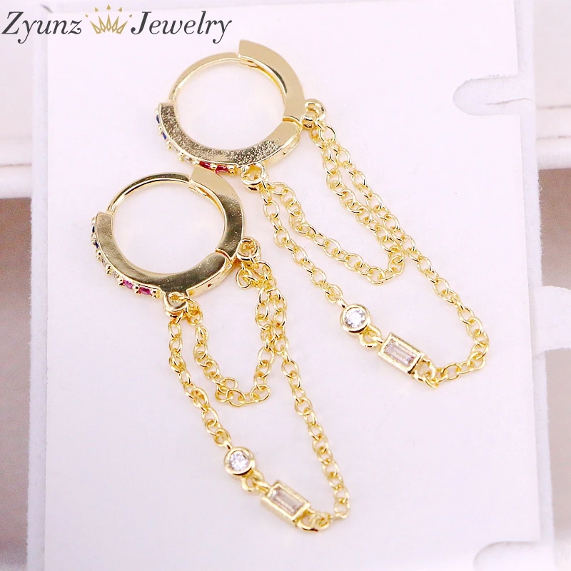 5 пар позолоченные серьги-кисточки с цепочкой и радужным цирконием