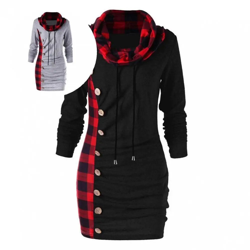 

Trendy Plaid Patchwork Buttons Decor Ruched Women Sweatshirt Breathable Pullover Sweatshirt Long Sleeve for Outdoor