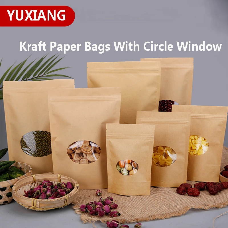 100 шт./лот крафт бумага упаковочная сумка с округлым окном само стоящая застежкой
