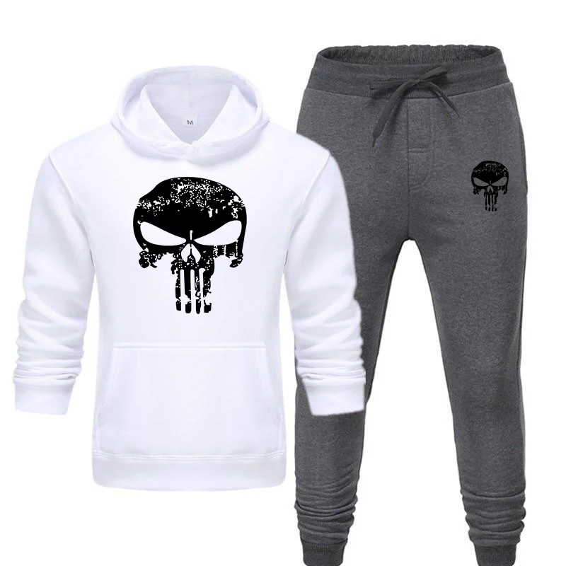

2 Pieces Sets Tracksuit Men Skull Brand Autumn Winter Hooded Sweatshirt +Drawstring Pants Male Sport Hoodies Running Sportswear