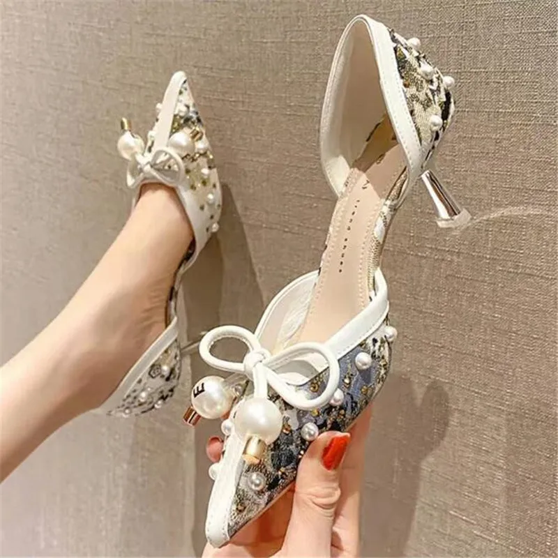

New Summer Fashion Pearl Ladies High Heels Sexy Bow Single Shoes Women 2021 Women's Shoes Four Seasons High Quality 6CM 3-8 9