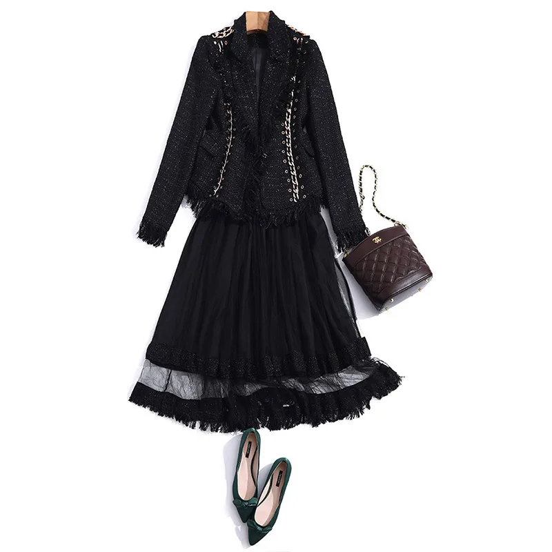 

gold thread of new fund of 2020 autumn winters tweed chain short coat + net yarn a-line skirt suits winter temperament