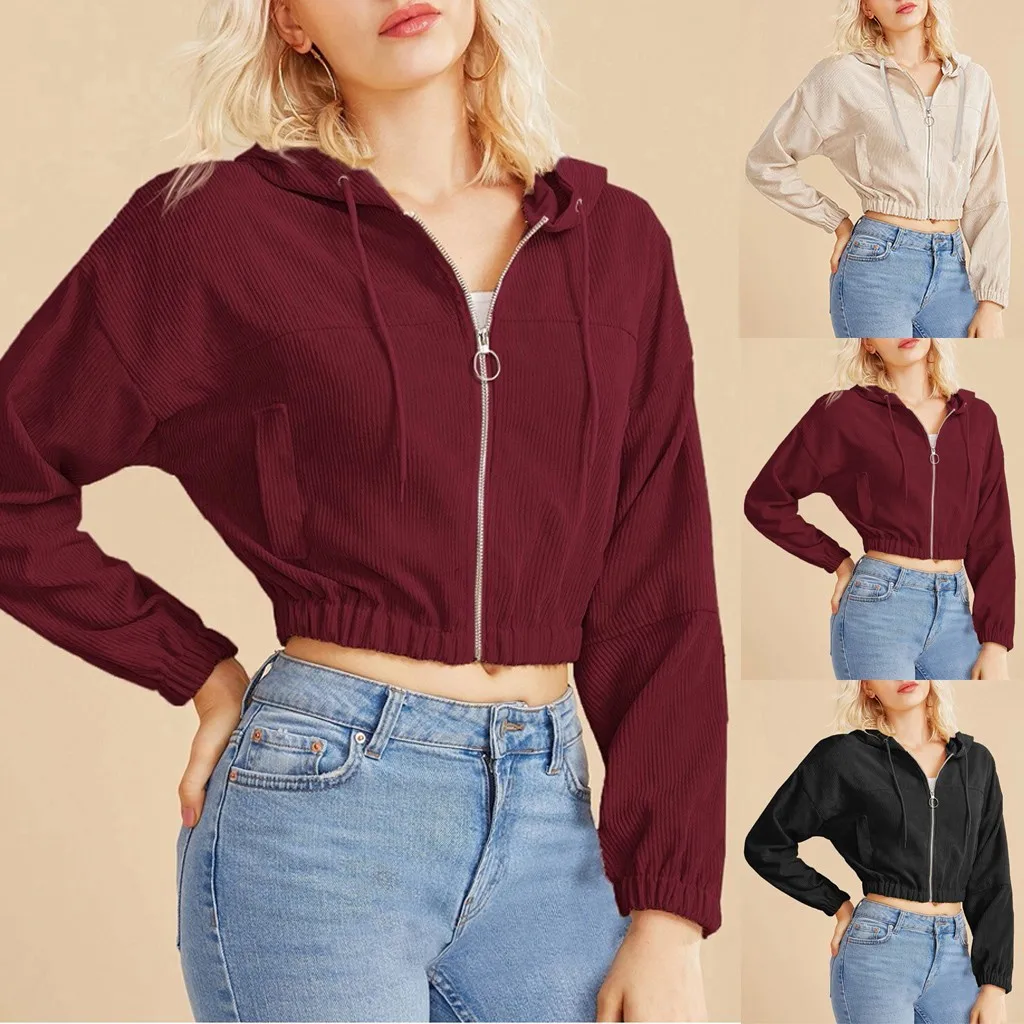 

Women Casual Solid Corduroy Zip-Up Pocket Shirt Hooded Sweatshirt Cropped Jacket Camisas Mujer Streetwear Pullover Clothes#G