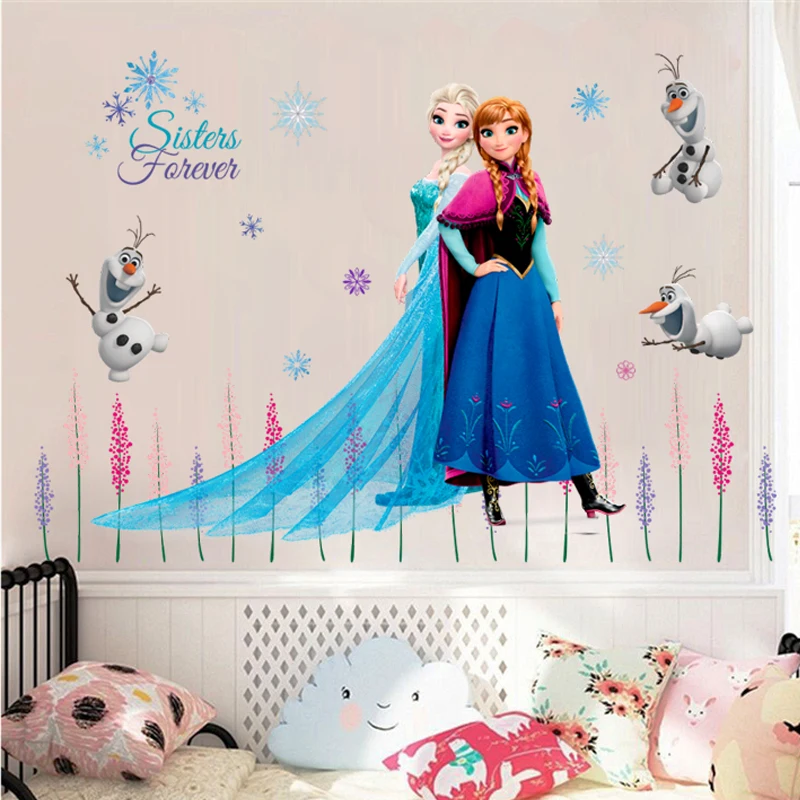 Cartoon Olaf Elsa Queen Anna Princess Anime Wall Stickers Kids Room Baseboard Home Decoration Mural Cute Art Frozen Movie Poster