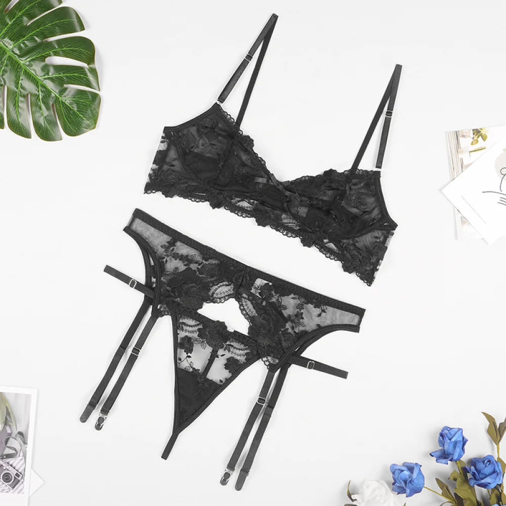 

Embroidery Sexy Lingerie Women Thin Transparent Lace Push up Bra Set Bra+Garters+Thong 3 Piece Set See Through Underwear