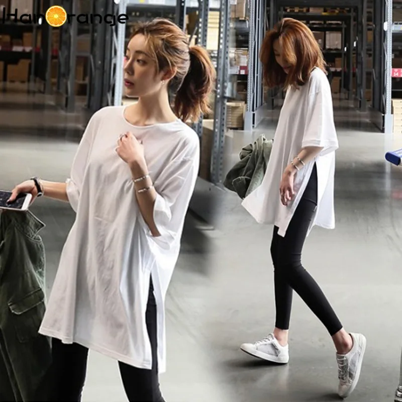 Хлопковая летняя футболка с разрезом Свободный Топ Длинная женская белого цвета