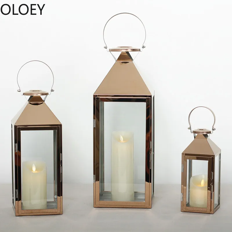 Высокий розовое золото подсвечники Железный фонарь подсвечник Открытый серебро