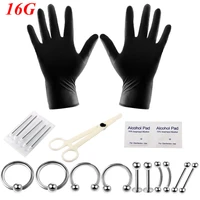 14g 16g 20pcsset body piercing tool kits gloves pliers puncture needle lip eyebrow tongue cartilage horseshoe rings piercing