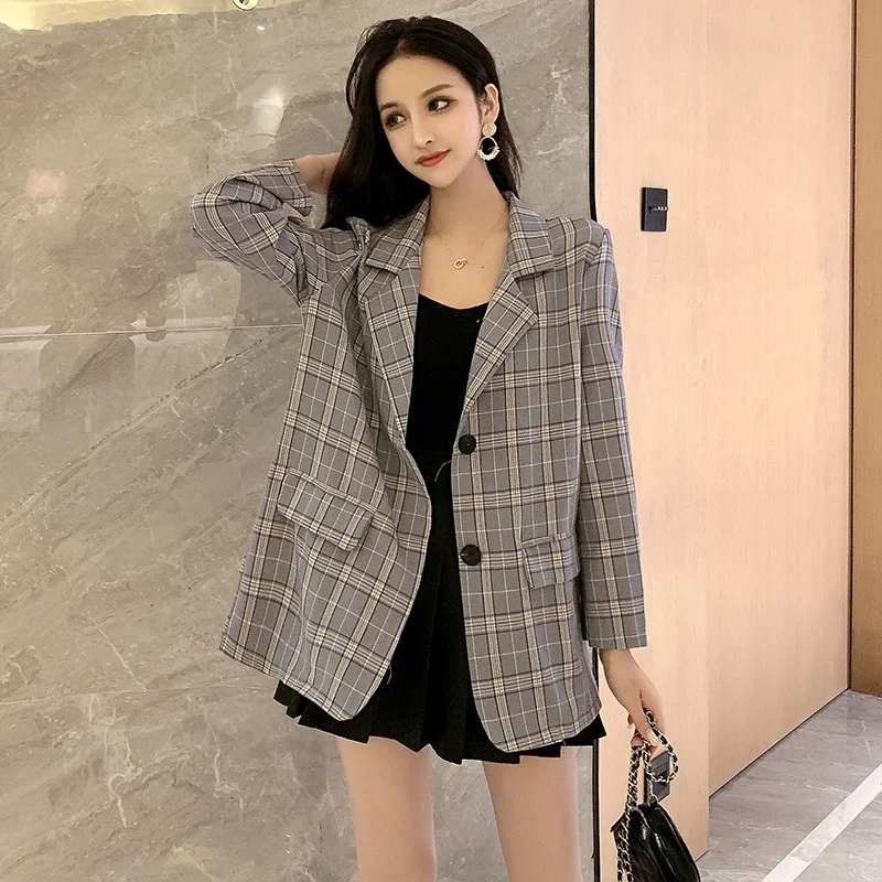 Женский клетчатый пиджак с карманами повседневный свободный офисный в Корейском
