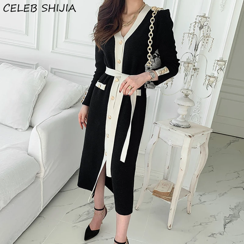 

Runway Black V-neck Knitting Dress Woman Fall Single-breasted Loose Sweater Dresss for Woman Korean Work Elegant Knit Clothing