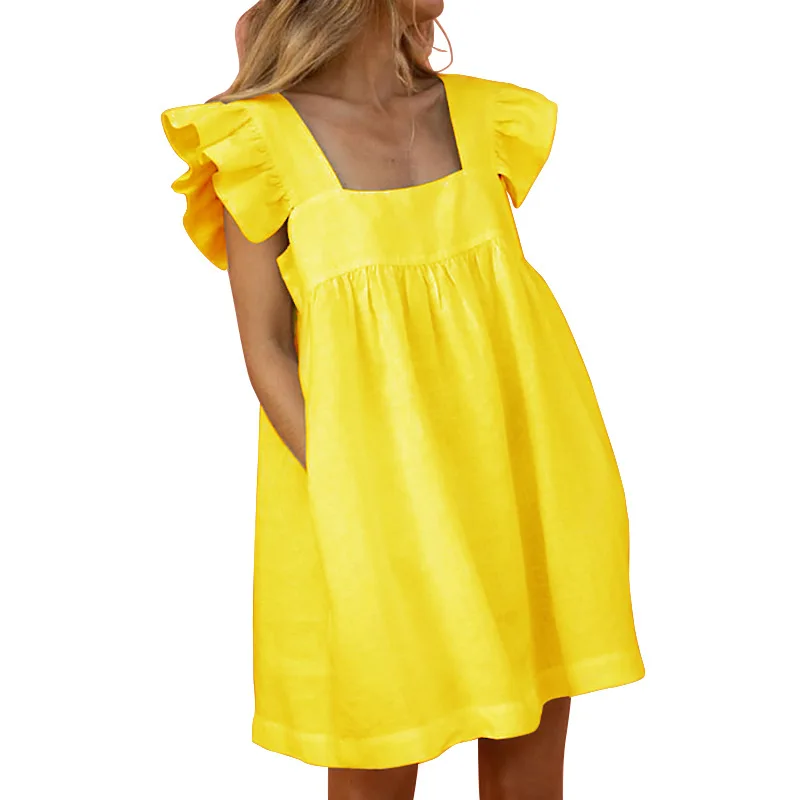 

2022 Summer New Sweet Dress for Young Women Fashion Leisure Loose Solid Color Square Collar Dress for Girls Sexy LYQ067