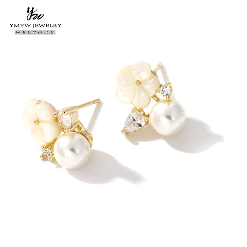 YMYW Natural Shell Flower Stud Earrings Sweet Imitation Pearl Temperament Shiny Cubic Zirconia Jewelry for Women Gift | Украшения и