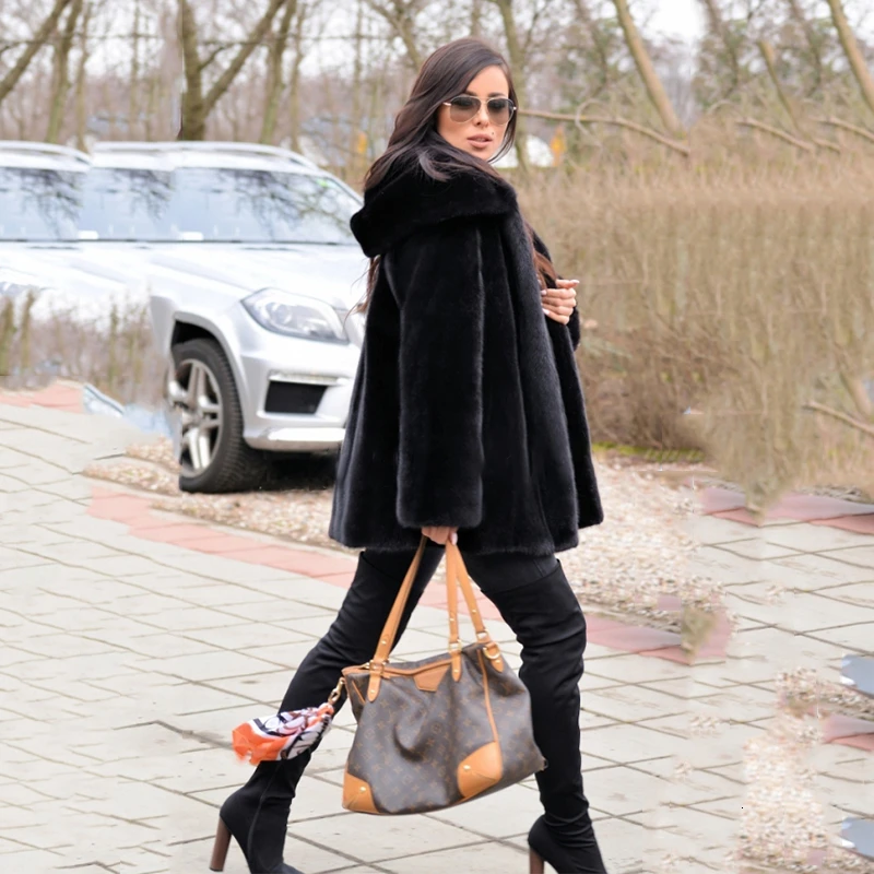 Женская Шуба с капюшоном TOPFUR черная шуба из натурального меха норки зимняя