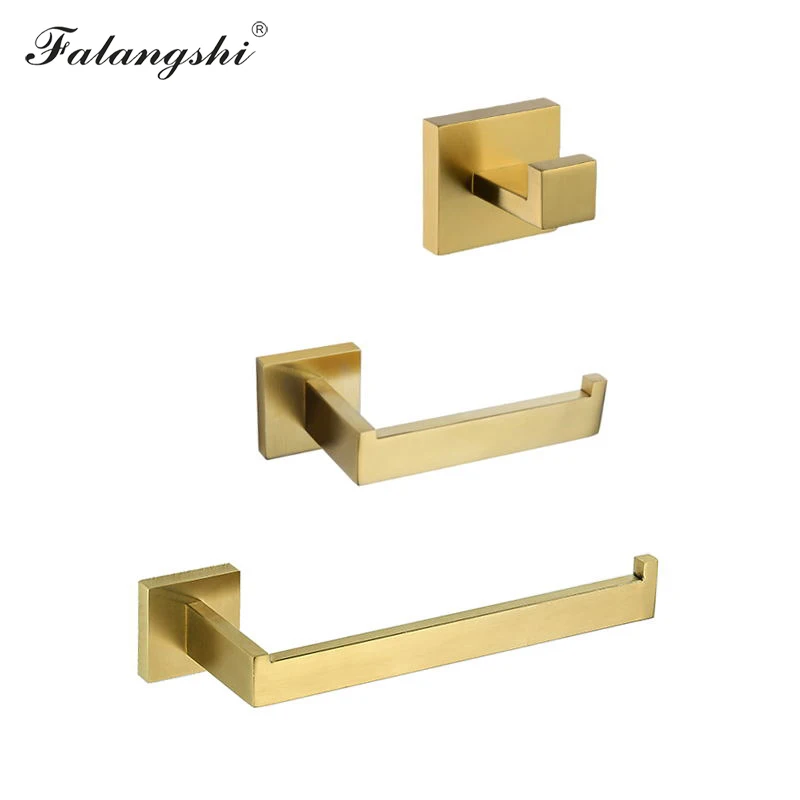 

Falangshi Stainless Steel Bathroom Hardware Set Gold Brushed Robe Hooks Toilet Paper Holder Towel Bar Holder Wall Mount WB8833