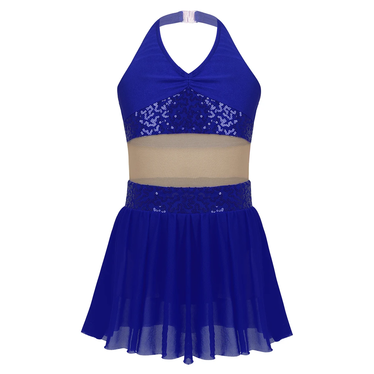 ChicTry Girls Halter Sequin Mesh Stretchy Figure Skating Dress Gymnastics Ballet Leotard Kids Performance Lyrical Dance Costumes