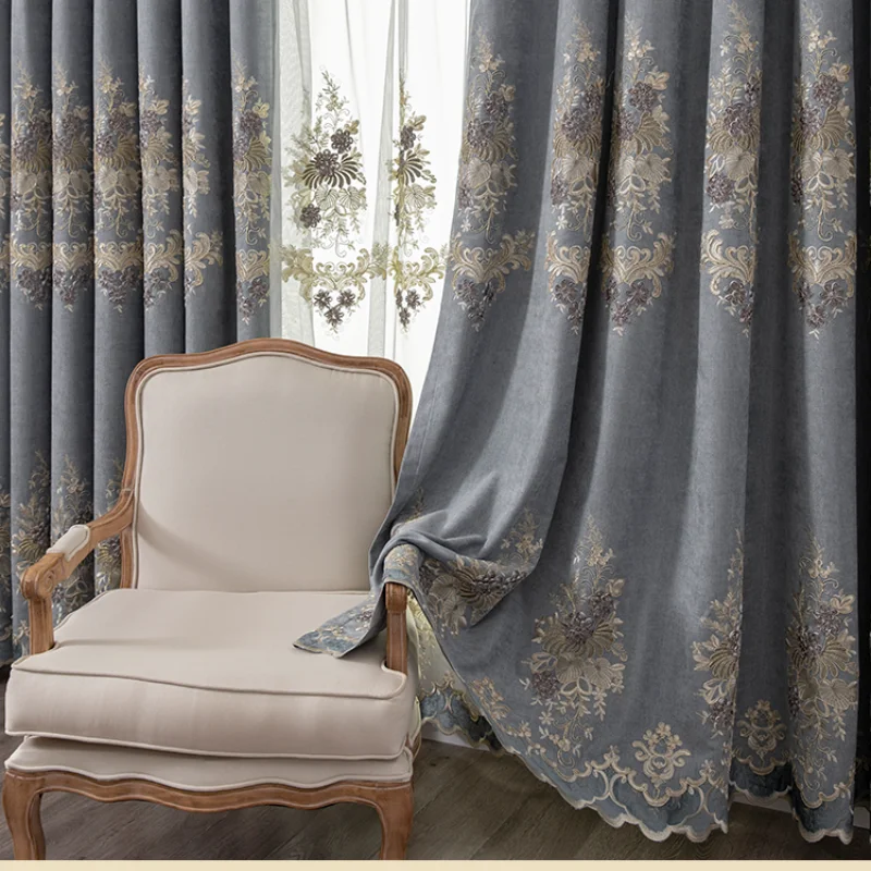 

European High-end Embroidery Luxury Atmospheric Shading Curtain Finished Custom Chenille Curtains for Living Dining Room Bedroom