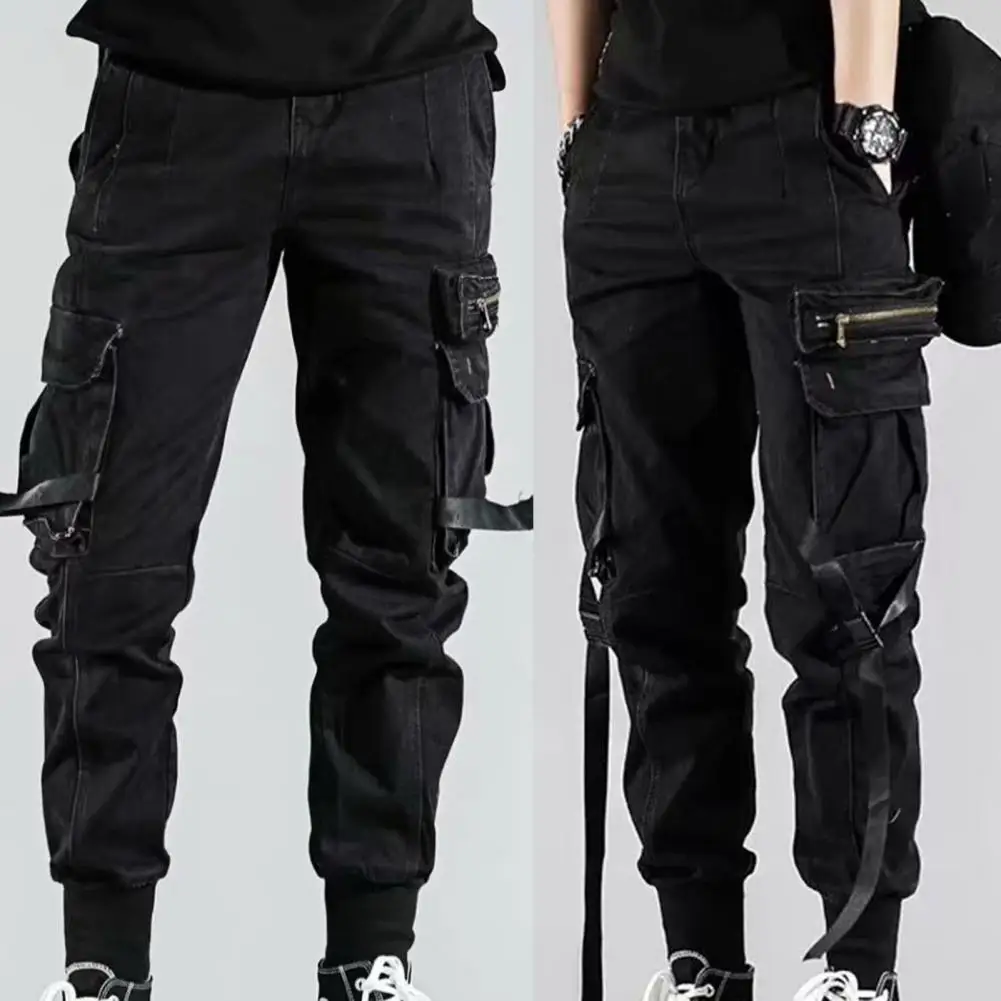 

Men's Pants Solid Color Strap Multi Pockets Hip-hop Style Autumn Cargo Pants for Street Dance