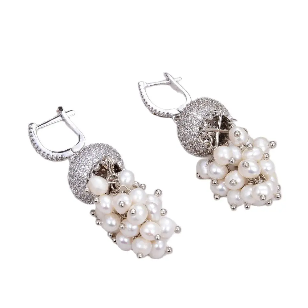 

GG Jewelry Natural White Round Pearl Earrings CZ Fitting Cubic Zirconia Paved Dangle For Women Earrings