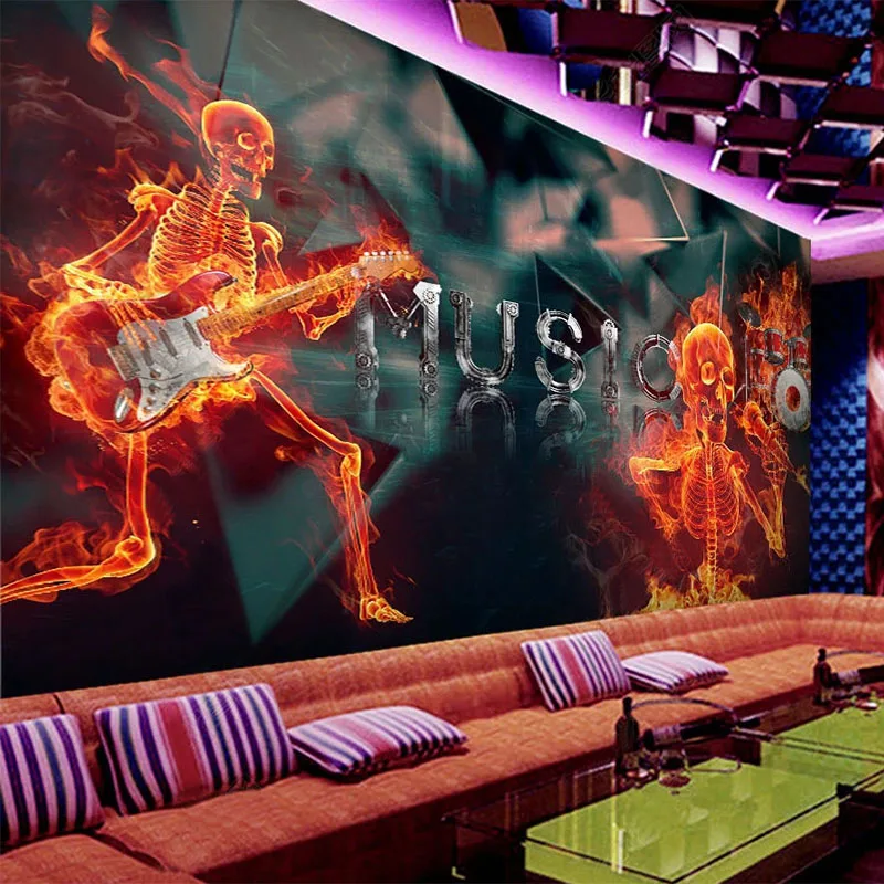 

Custom Photo Wallpaper Retro Creative Music Flame Skull Bar KTV 3D Background Wall Mural Abstract Art Wallpaper Papel De Parede