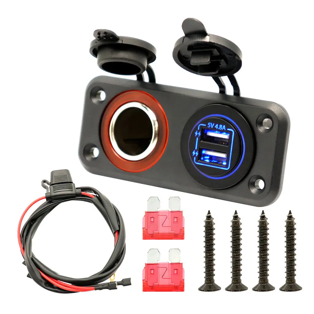 

5V 4.8A Dual USB Car Power Outlet Waterproof Marine Cigarette Lighter Adapter Panel with Blue LED Lights for Boat ATV