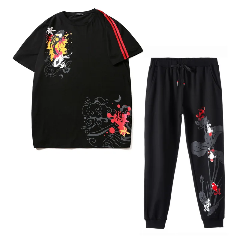

Package 7 1036 + 011 thin water lotus large men's short sleeve T-shirt trousers leisure sports suit