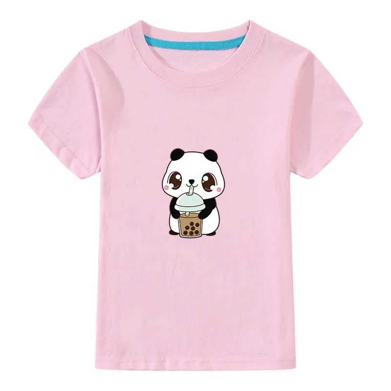 Летняя детская футболка с принтом Панда Ест молоко рубашка коротким рукавом