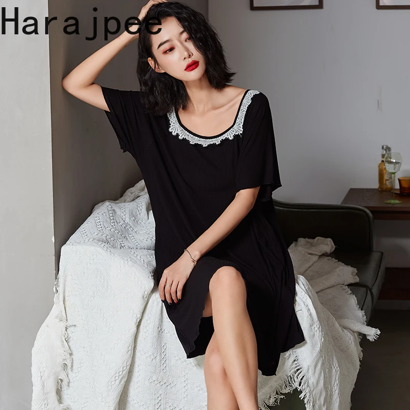 

Harajpee Women Pajama 2021 Summer French Sexy Temptation Halter Modal Short Sleeve Casual Lace Side Round Neck Nightdress