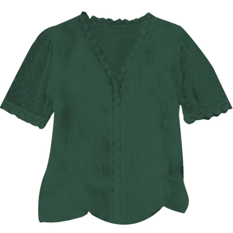 

Summer Female Chiffon Tops New Stitch Lace Women V-Neck Solid Color Short Sleeve T-shirts