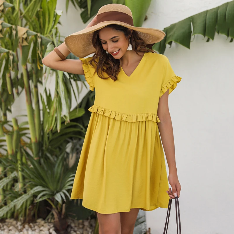 

EVERAFTER Sexy v-neck summer dress women ruffled high waist loose mini dress short sleeve casual solid ladies dresses 2020 new