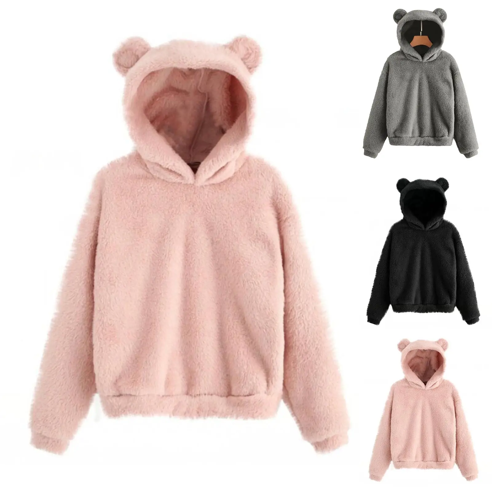 

Hoodie Faux Fur Hoodie Jacket Women Autumn Winter Warm Soft Fur Zipper Hoodies Pocket Cute Rabbit Ears Plush Hoodies Sweatshirt