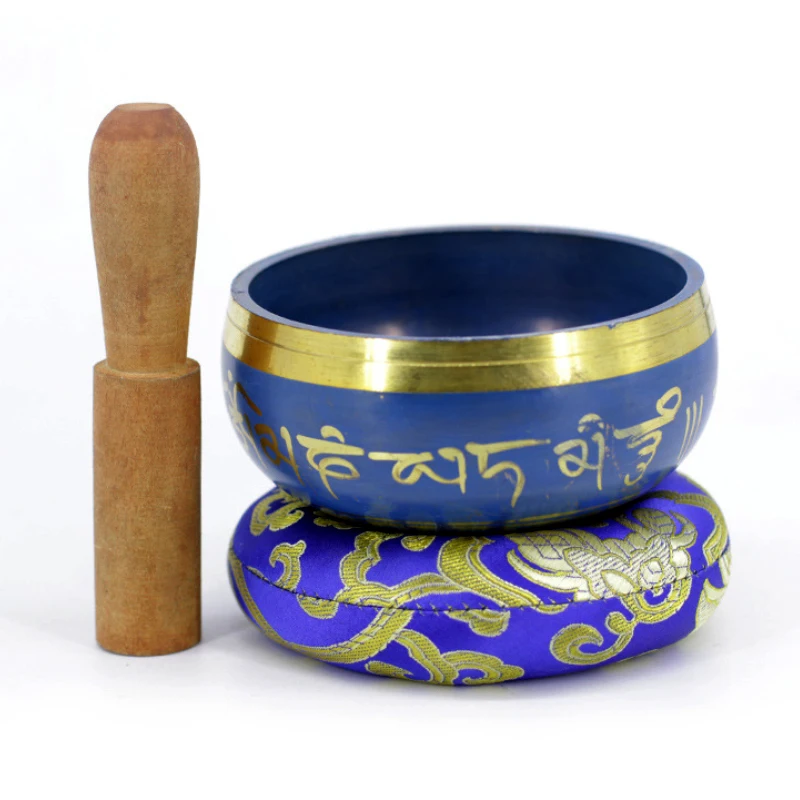 Silent Mind   Tibetan Singing Bowl Set   Blue Color Design   With Dual Surface Mallet and Silk Cushion   Promotes Peace