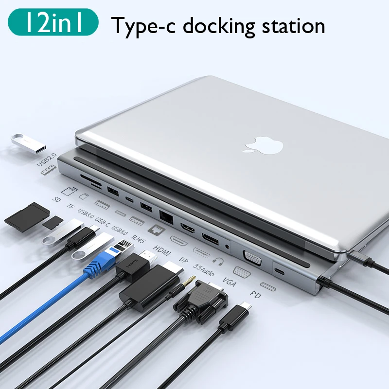 12in1 Type-c HUB Macbook Laptop Docking Station USB C to HD 4K VGA DP USB3.0 RJ45 PD 100W Charge TF/SD Card Reader Typec Adapter