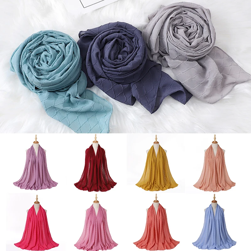 

New Pom Chiffon Pleated Plaid Shawl Hijab Scarf Wrap Headband Long Women Solid Color Scarves Islamic Head Scarves Muslim Hijabs