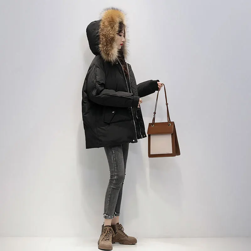 WJJDFC Women Fur Collar Parkas Jackets Down Padded Jacket Winter Coat Loose Korean Fashion Hooded Thicken Zipper Outerwear 2021