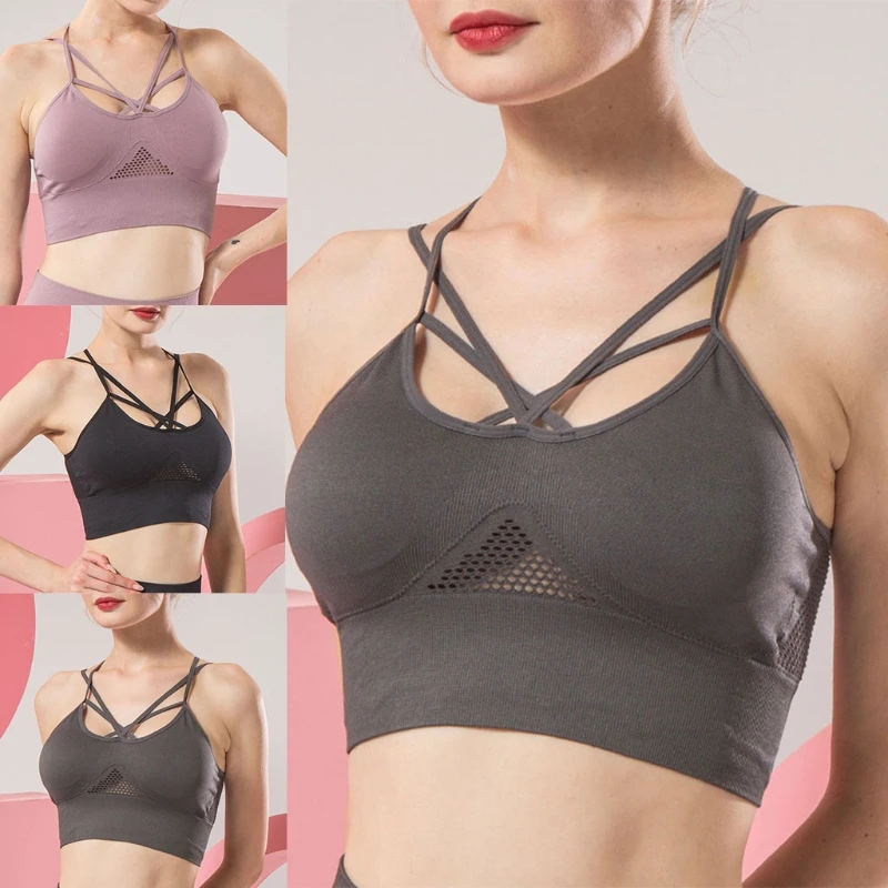 

Women Wirefree Removable Pad Sports Bra Cross Back Straps Shockproof Fitness Bralette Workout Yoga Vest Gym Running Tops