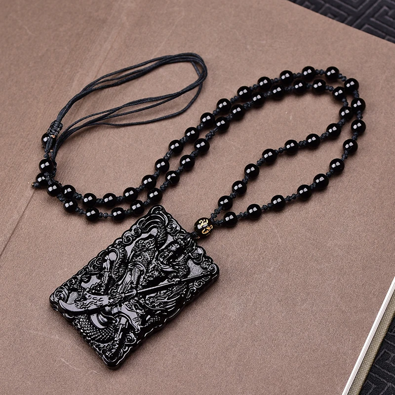 Natural Black Obsidian Guangong Pendant Beads Necklace Fashion Charm Jewellery Carved Amulet Gifts for Women Men | Украшения и