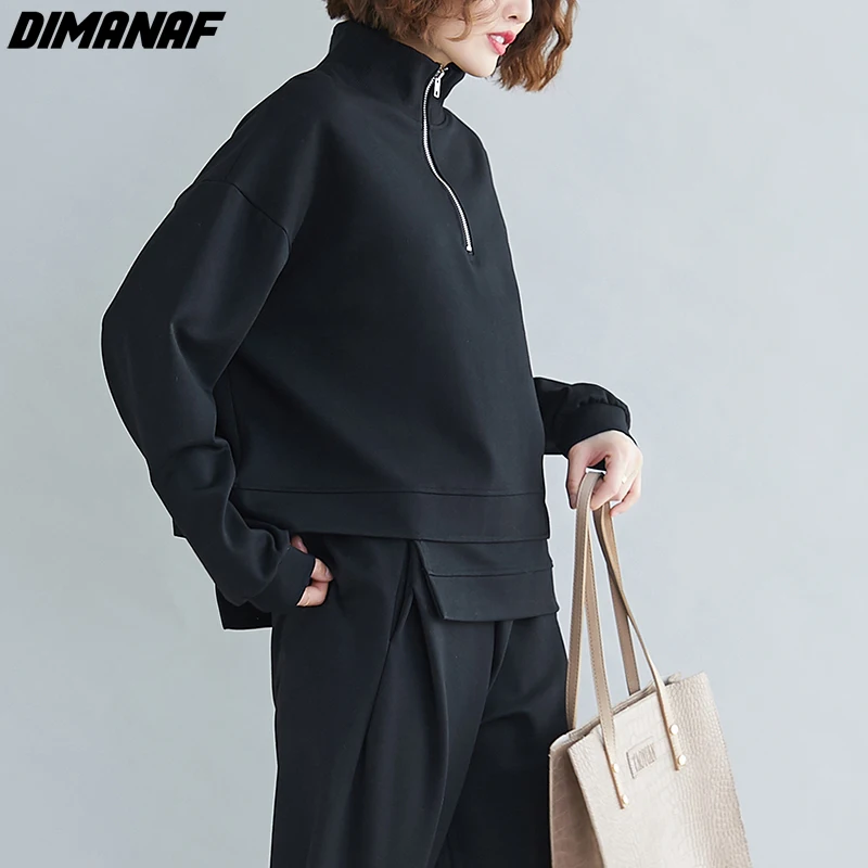

DIMANAF Autumn Women T-Shirt Tops Clothing Oversize Zipper Loose Casual Turtleneck Tees Shirt Tunic Batwing Cotton Solid 2021