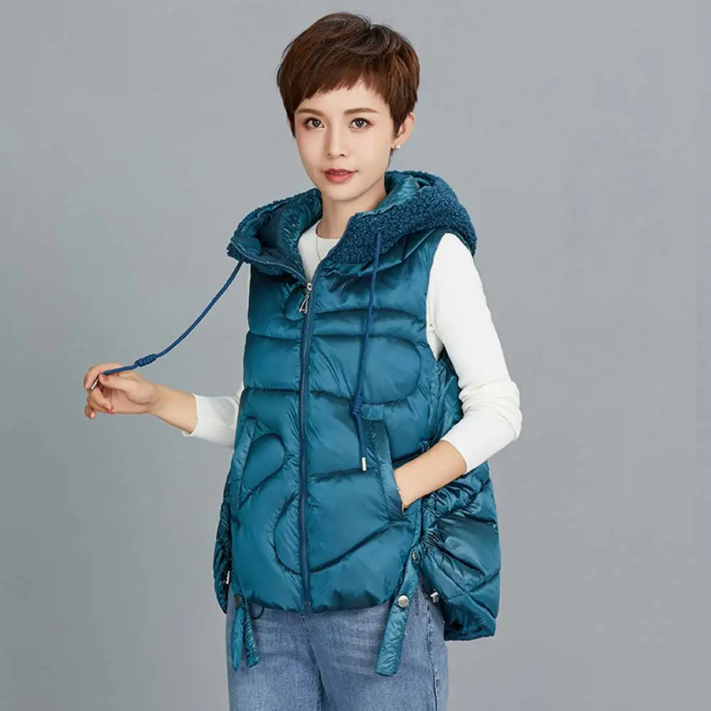 

2021 New Fleece Spliced Glossy Winter Women Vest Quilting Drawstring Short Hooded Winter Waistcoat Vest Jacket Women