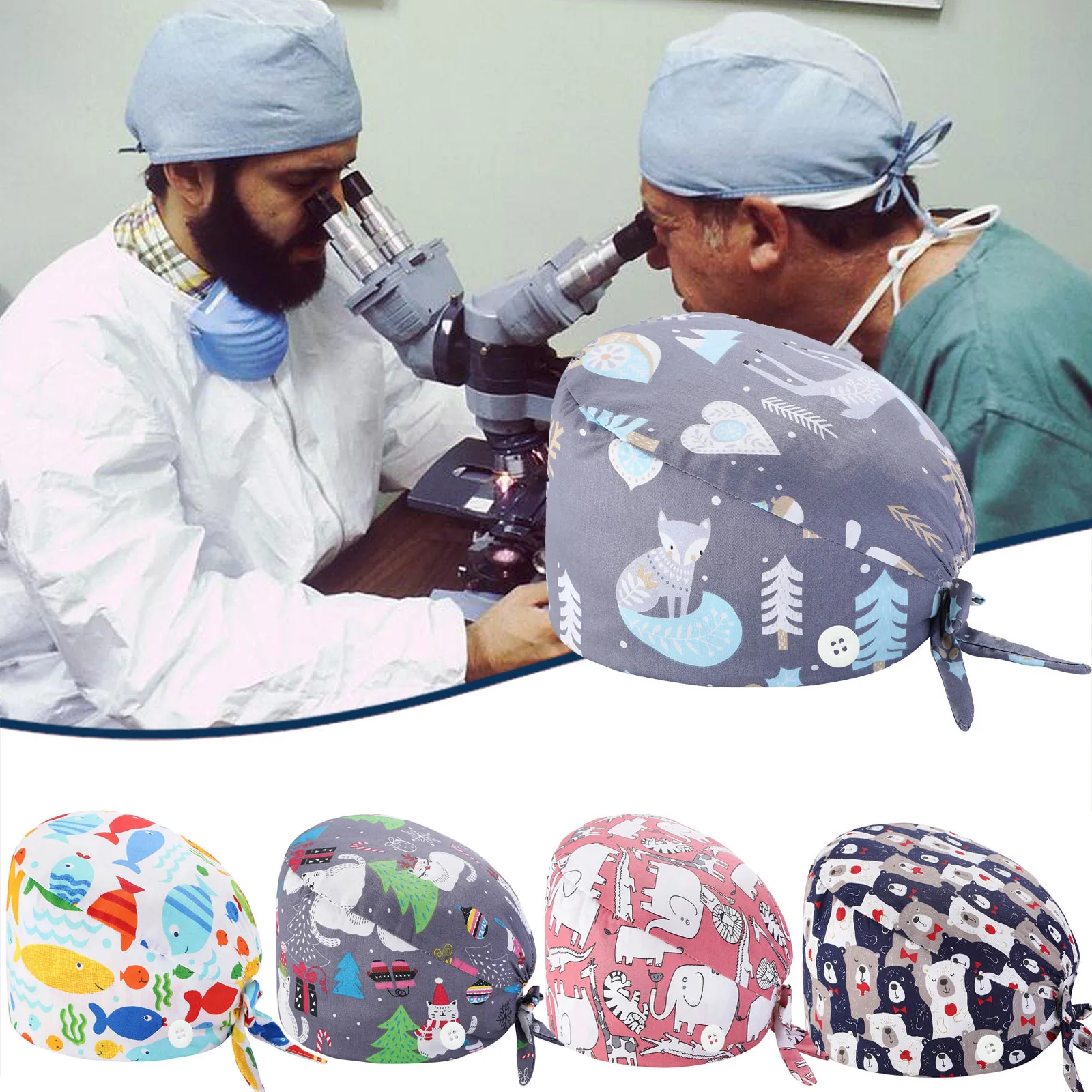 1pc New Scrub Working Hat Floral Bouffant Sanitary Cap With Sweatband Cartoon Printing Nursing Caps Adjustable#Y30 | Тематическая