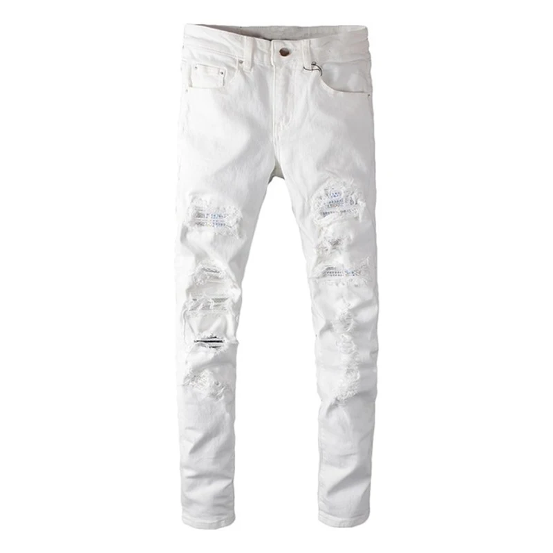 Новые мужские модные повседневные белые рваные джинсы с - Цена: 3085.66